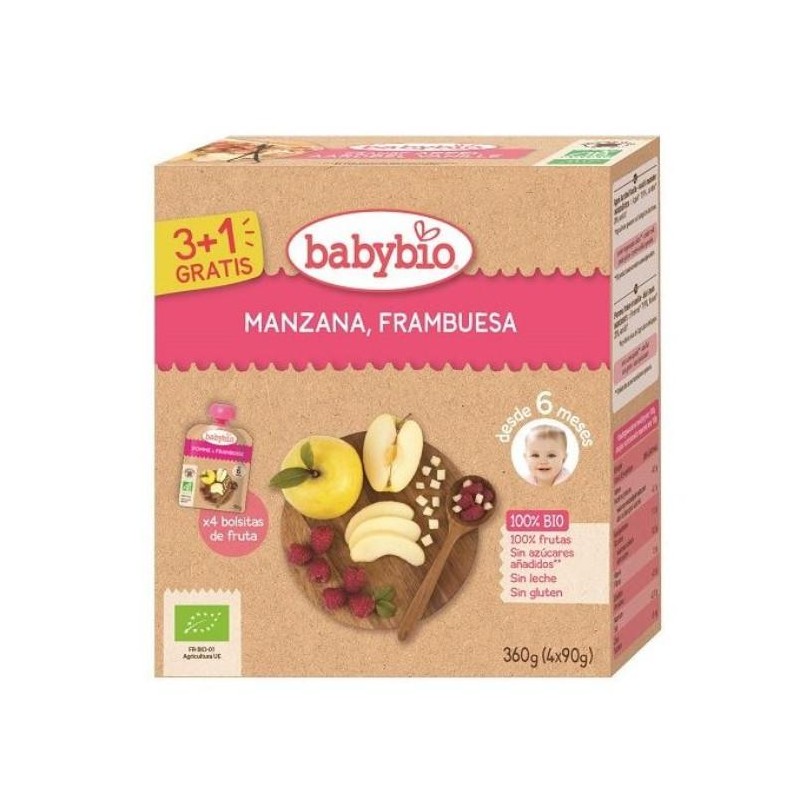 BABYBIO POUCHE MANZANA FRAMBUESA 90G 3+1 GRATIS