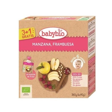 BABYBIO POUCHE MANZANA FRAMBUESA 90G 3+1 GRATIS