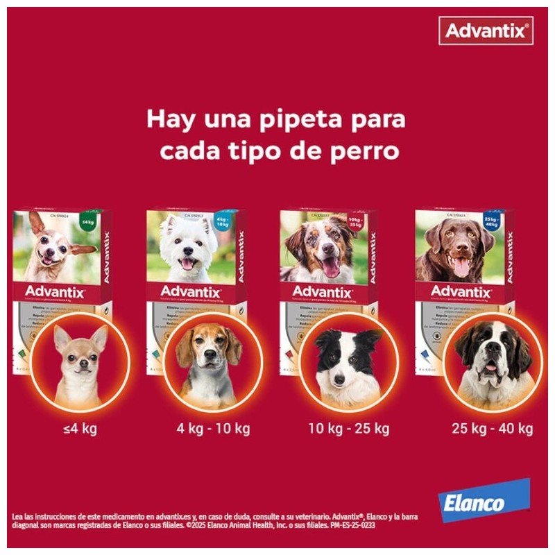 ADVANTIX 400/2000 MG SOLUCION SPOT-ON PARA PERROS 25-40 KG 4 PIPETAS CORTAS 4 ML