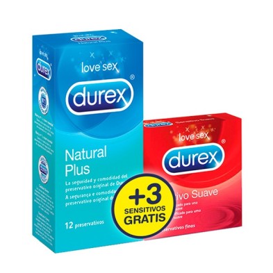 Durex Natural Plus + Durex Sensitivo Confort Preservativos 12 + 3 Preservativos Pack