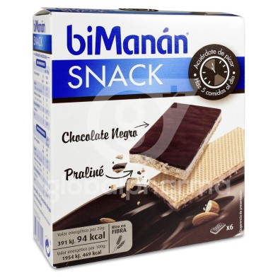 Bimanan Snack Barquillo 0% Azucares Añadidos 6 Unidades 20 g Sabor Chocolate con Leche y Avellanas Tostadas