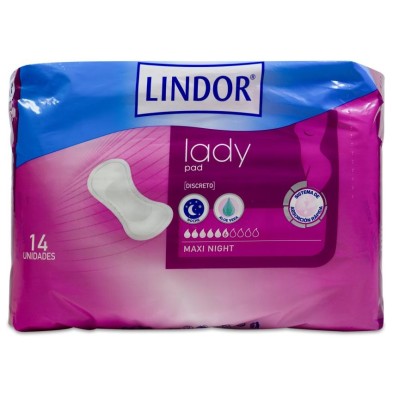 Absorbente Incontinencia Orina Ligera Lindor Lady Pad Maxi Night 6 Gotas 14 Unidades