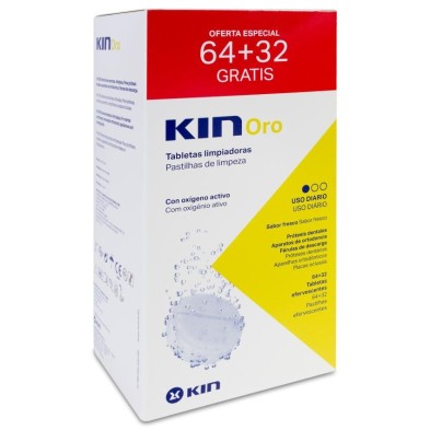 KIN Oro Tabletas Limpiadoras Limpieza Prótesis Dental 64 + 32 Tabletas