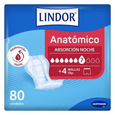 Absorbente Incontinencia Orina Noche Anatómico Lindor 80 Unidades + 4 m