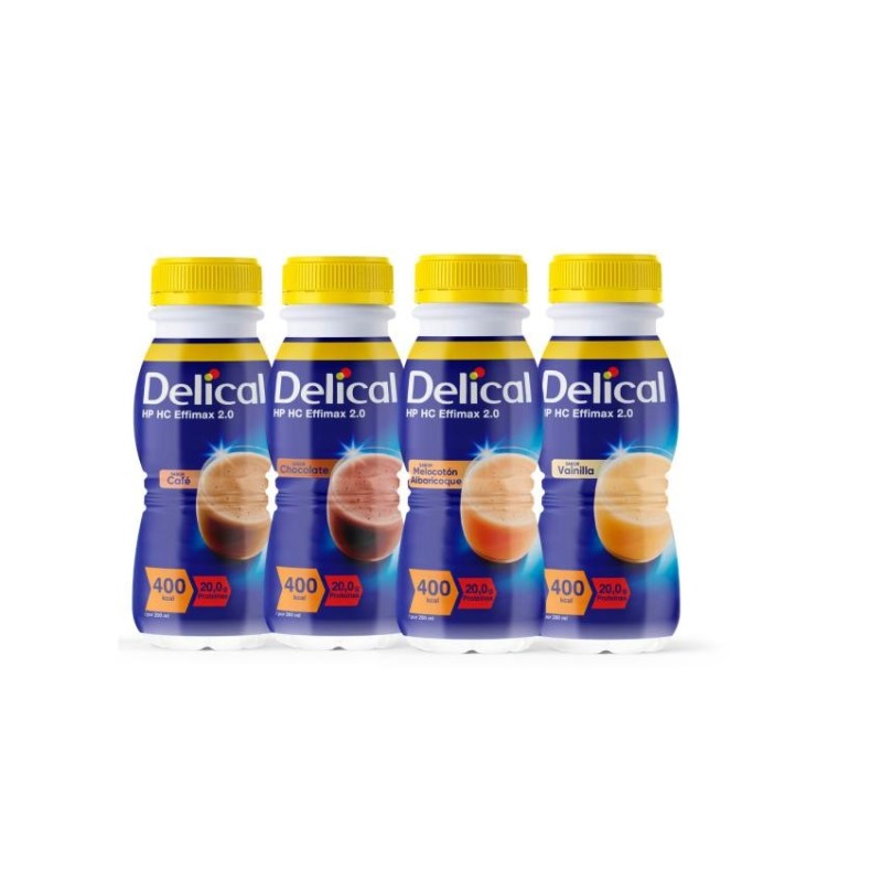 Delical Hp Hc Effimax 2.0 - 24 Botellas 200 ml Multisabor (12 Vainilla / 4 Chocolate / 4 Café / 4 Melocotón y Albaricoque)