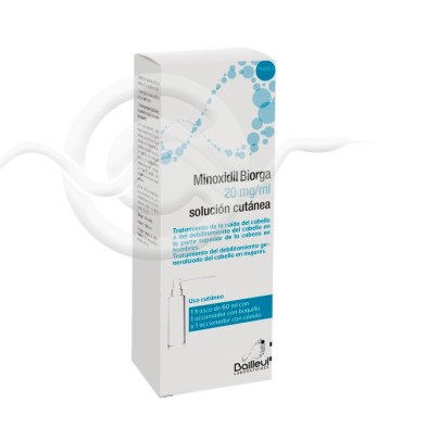 Minoxidil Biorga 20 mg/ml Solución Cutánea 1 Frasco 60 ml + 1 Accionador de Boquilla y 1 Accionador con Canula