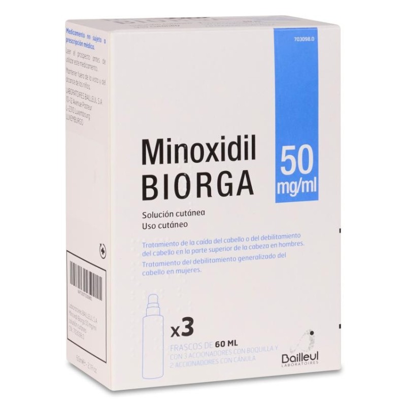 Minoxidil Biorga 50 mg/ml Solución Cutánea 3 Frascos 60 ml + 3 Accionadores de Boquilla y 2 Accionadores con Canula