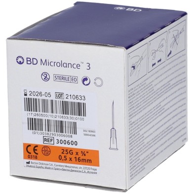 AGUJA HIPODERMICA BD MICROLANCE3 25 G 5/8 16 X