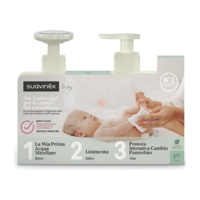 Suavinex Baby Sistema 3 Pasos Cambio Pañal 1 Envase 500 ml Agua Micelar + 1 Envase 500 ml Linimento + 1 Tubo 50 ml Pomada Repara