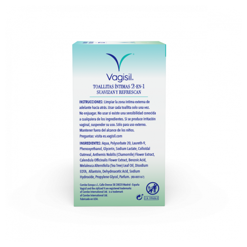 VAGISIL CUIDADO INCONTINENCIA TOALLITAS INTIMAS 2 EN 1 12 UNIDADES