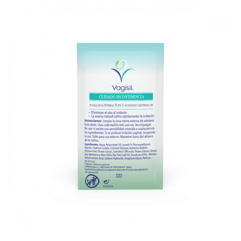 VAGISIL CUIDADO INCONTINENCIA TOALLITAS INTIMAS 2 EN 1 12 UNIDADES